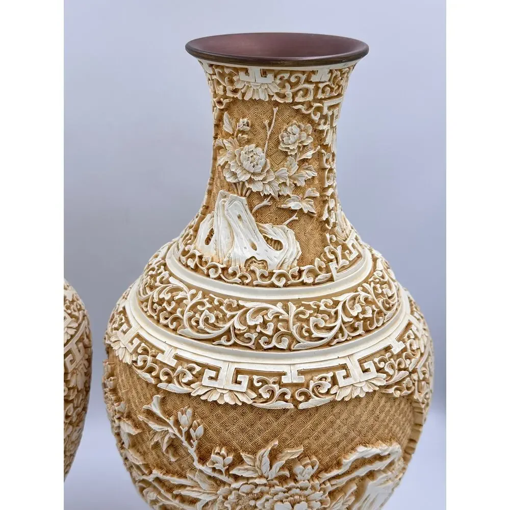 Antique Chinese Hand Carved Lacquered Cinnabar Over Brass Floral Motif Vase Set
